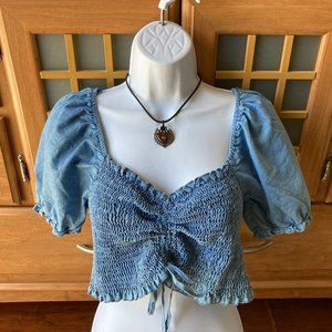 Papaya Blue Denim Cropped Top with Elastic Tie Front Large NWT